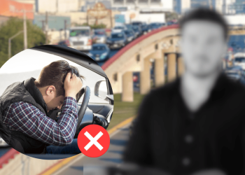 a Man in a Car with His Head in His Hands, Plus a Red X Indicating This is Not Safe to Drive when Stressed or Upset. | La Silla Regia