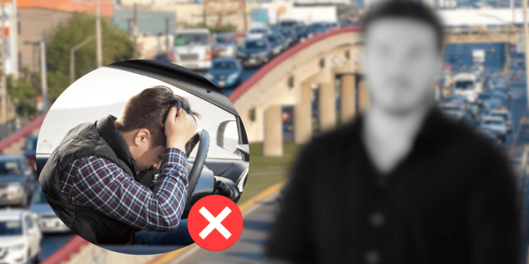 Crisis-de-salud-mental-por-el-trafico 1 | La Silla Regia a Man in a Car with His Head in His Hands, Plus a Red X Indicating This is Not Safe to Drive when Stressed or Upset. | La Silla Regia