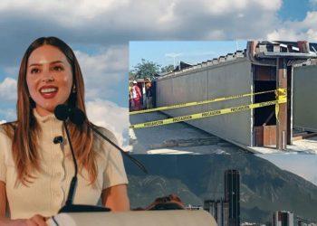 a Woman Speaks at a Podium Outdoors Against a Cloudy Sky, with an Inset Photo of a Construction Site Taped off with Caution Tape. | La Silla Regia