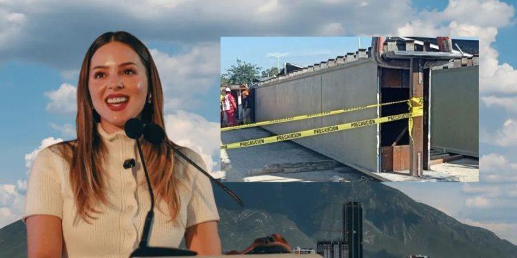 a Woman Speaks at a Podium Outdoors Against a Cloudy Sky, with an Inset Photo of a Construction Site Taped off with Caution Tape. | La Silla Regia