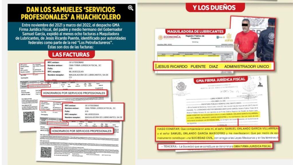 Facturas-falsas-de-empresas-huachicoleras | La Silla Regia Collage of Invoices and Legal Documents with Red/yellow Highlights, Alleging a Firm Provided Professional Services to a Huachicolero. | La Silla Regia