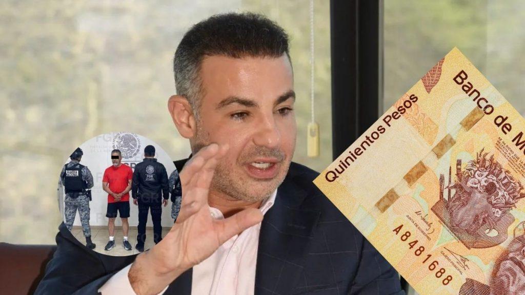 Maquiladora-de-lubricantes-simulaba-operaciones | La Silla Regia Man in a Suit Gesturing While Speaking; a Large 500-peso Banknote Overlaps the Right Side of the Image; a Circular Inset Shows a Man in a Red Shirt Flanked by Officers. | La Silla Regia