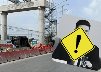 Highway Construction Zone with Plastic Barriers and Heavy Equipment; an Inset Card with a Yellow Warning Sign Obscuring a Man’s Photo. | La Silla Regia