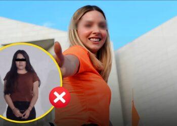 Selfie-style Image of a Woman in an Orange Shirt Extending Her Arm Toward the Camera; Inset Circle Shows a Second Person with Eyes Covered, Highlighting Anonymity/identity Concealment. | La Silla Regia