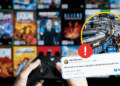Venta De Juegos En Estados Unidos | La Silla Regia Person Holds a Game Controller in the Foreground; a Collage of App Covers Blurs Behind, with a Circular Inset of a Stock Exchange Trading Floor Highlighted in Yellow and an Alert Badge, Plus a Bluesky Tweet About Microsoft. | La Silla Regia