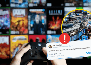 Person Holds a Game Controller in the Foreground; a Collage of App Covers Blurs Behind, with a Circular Inset of a Stock Exchange Trading Floor Highlighted in Yellow and an Alert Badge, Plus a Bluesky Tweet About Microsoft. | La Silla Regia