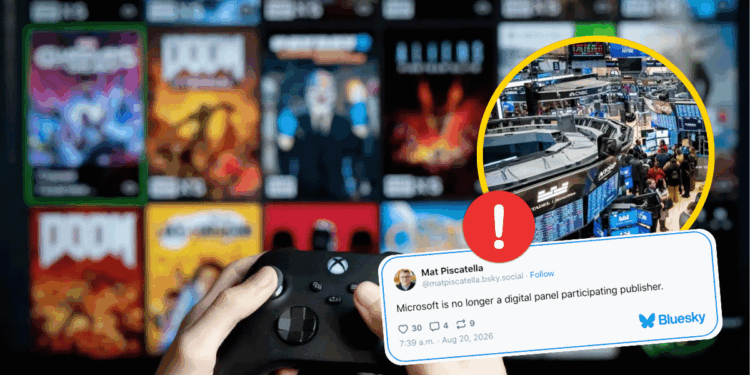 Person Holds a Game Controller in the Foreground; a Collage of App Covers Blurs Behind, with a Circular Inset of a Stock Exchange Trading Floor Highlighted in Yellow and an Alert Badge, Plus a Bluesky Tweet About Microsoft. | La Silla Regia