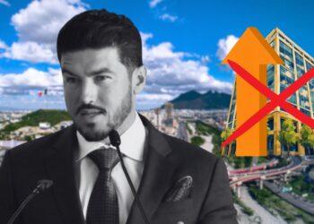 Fotografía De Samuel García Con El Fondo De Nuevo Le´n Atrás Y Un Vector De Un Edificio Con Un Tache Y Una Flecha Ascendente | La Silla Regia