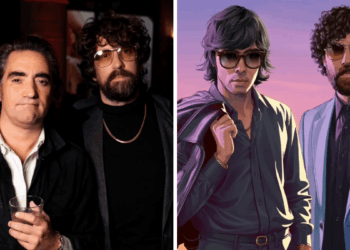 Split Image: Left Shows Two Men in a Dim Bar, One Holding a Drink; Right Shows a Cartoon Duo in Sunglasses in a Sunset Backdrop. | La Silla Regia
