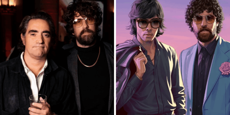 Split Image: Left Shows Two Men in a Dim Bar, One Holding a Drink; Right Shows a Cartoon Duo in Sunglasses in a Sunset Backdrop. | La Silla Regia